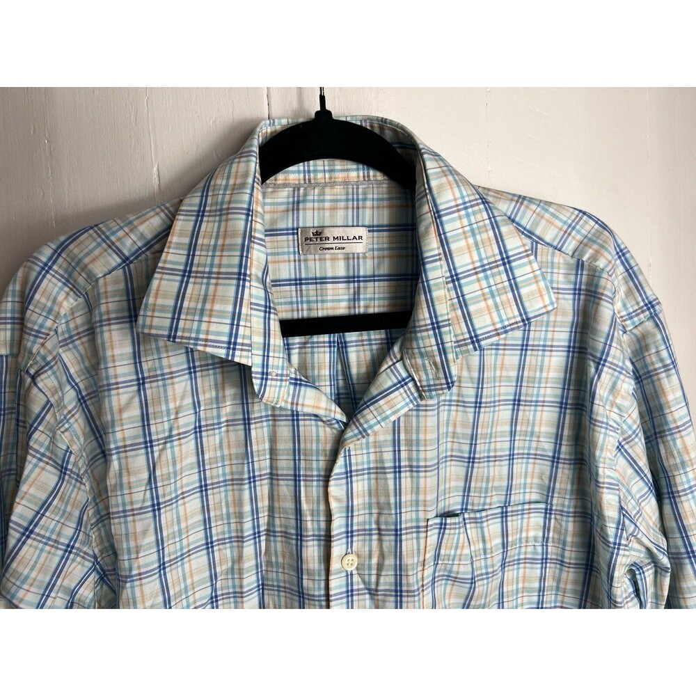Peter Millar CROWN EASE Long Sleeve Button Down Shirt Blue Plaid Men's XL